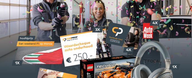 CarProf Trakteert actie met monteurs en confetti, inclusief prijzen zoals F1-weekend Monza, onderhoudscheque, autowasbon en LEGO Technic