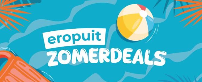 Zomerse illustratie van zwembad en strandbal ter promotie van de Autohopper Zomerdeals